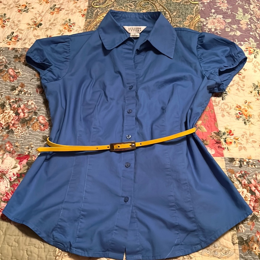 Allison Taylor button down cap sleeve blue shirt with yellow belt